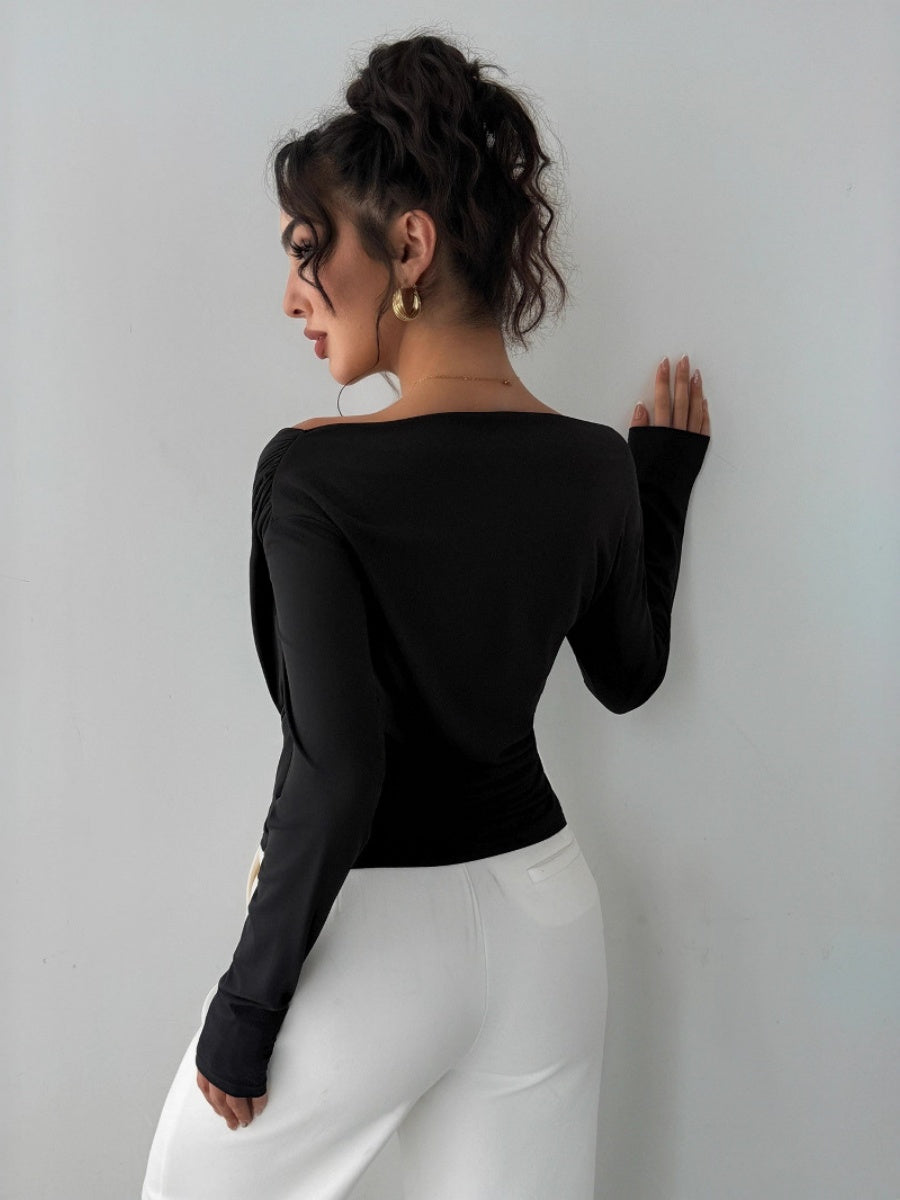Off-shoulder V-neck Long-sleeved Cross-pleats Slim Fit Everyday T-shirts