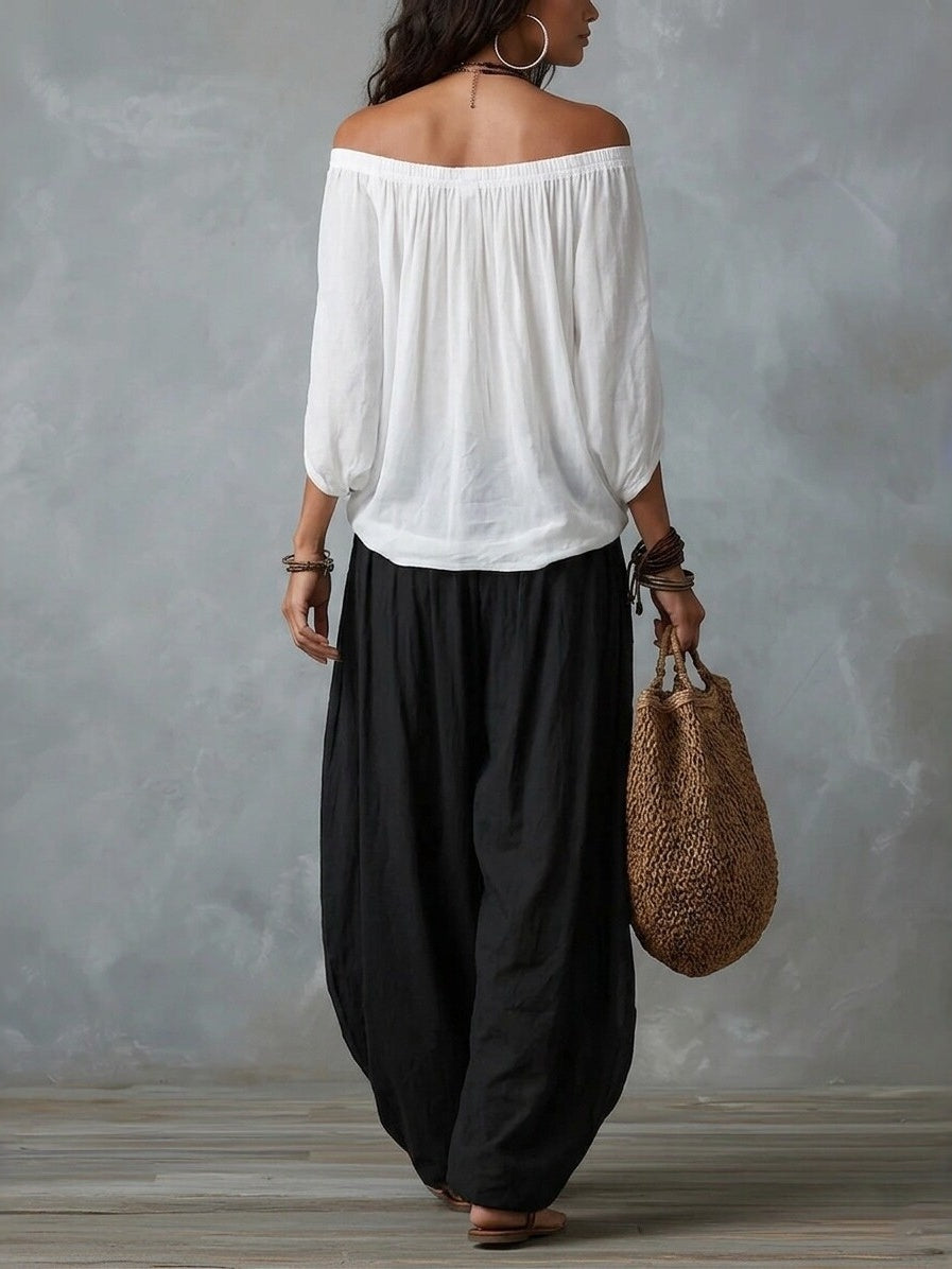 Off-the-shoulder T-shirt And Wide-leg Pants Two-piece Set