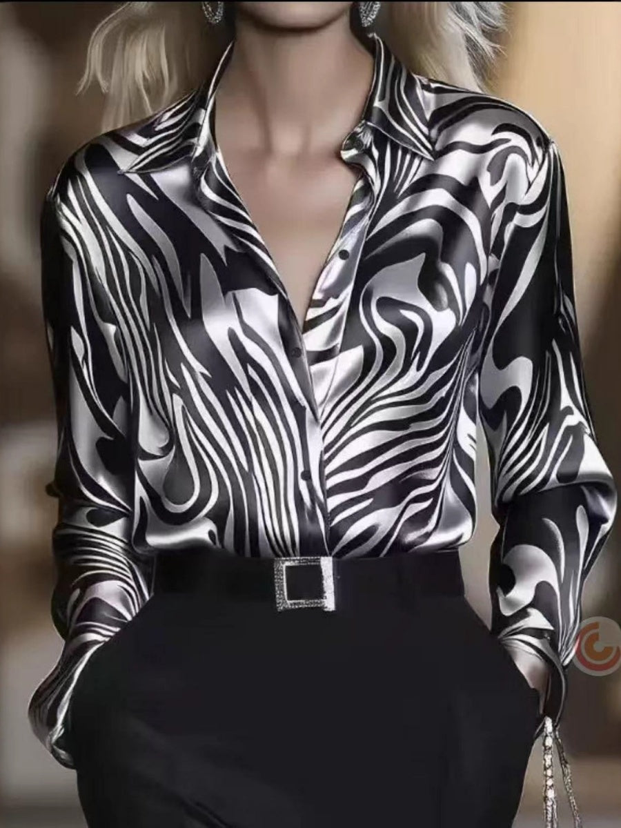Zebra Print Single-breasted Slim-fit Satin Casual Shirts