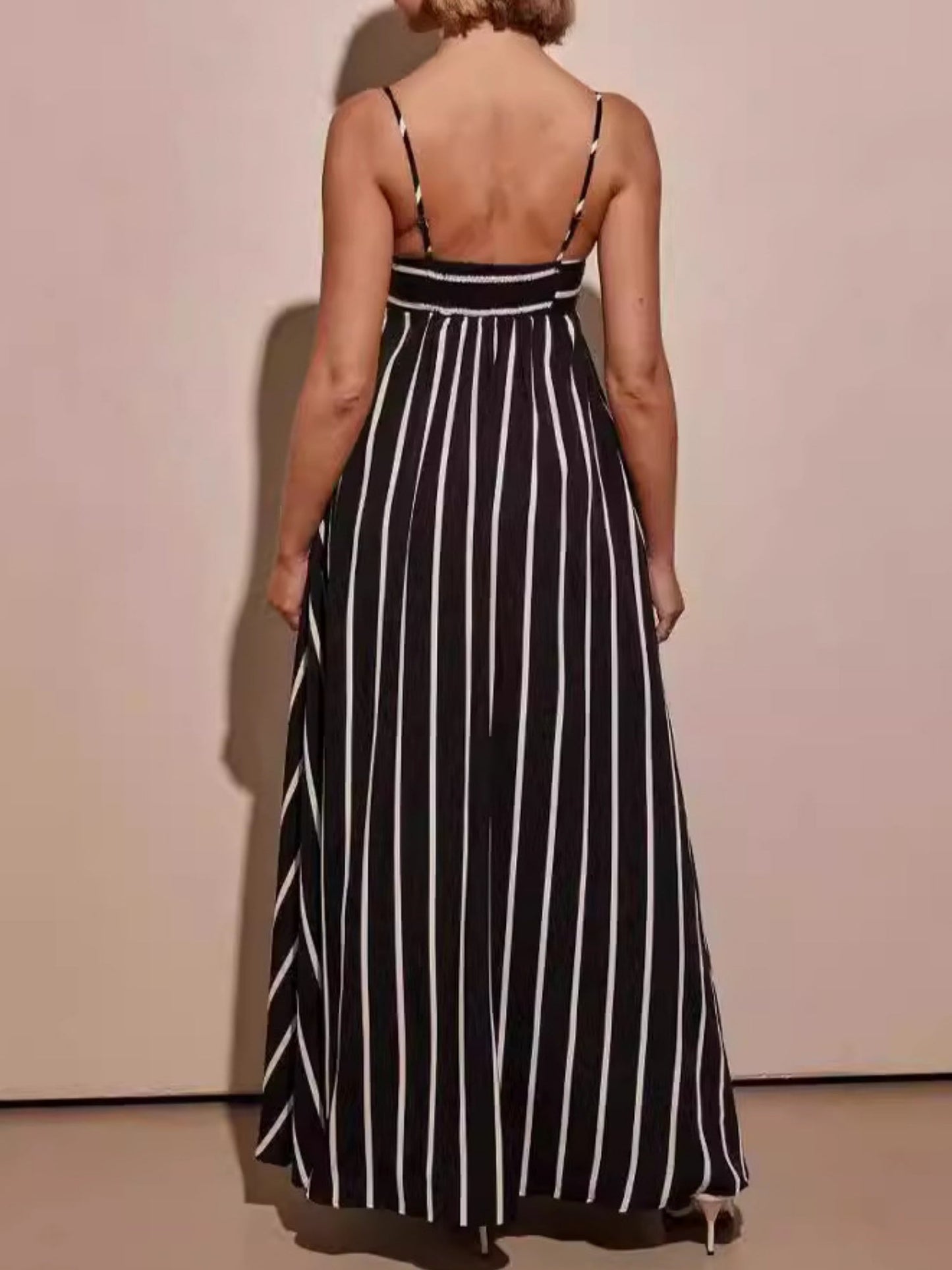 Striped Color Blocking Spaghetti Strap Backless Large Skirt Pockets Maxi Dresses