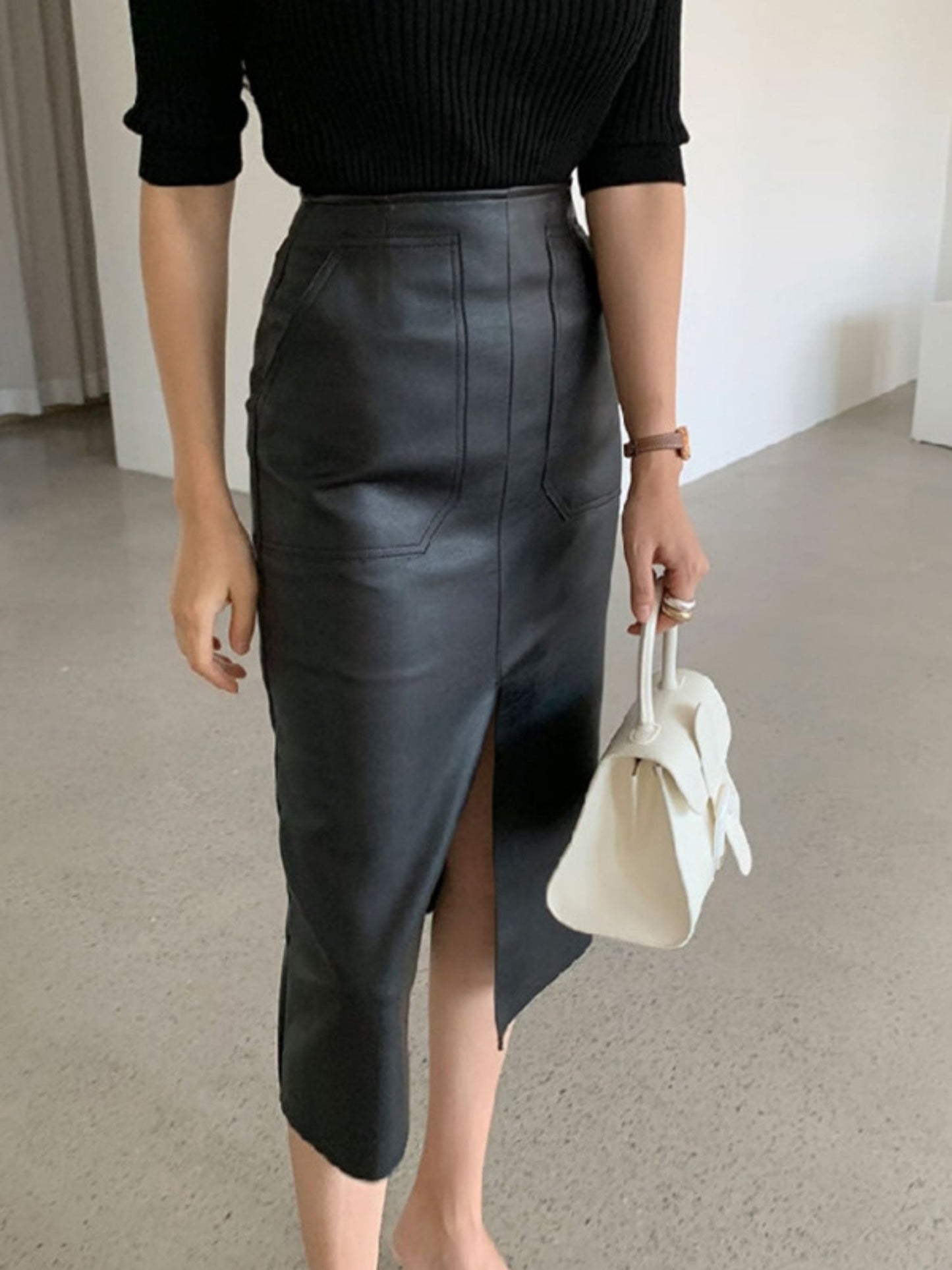 PU Leather Deep Fork Skirts