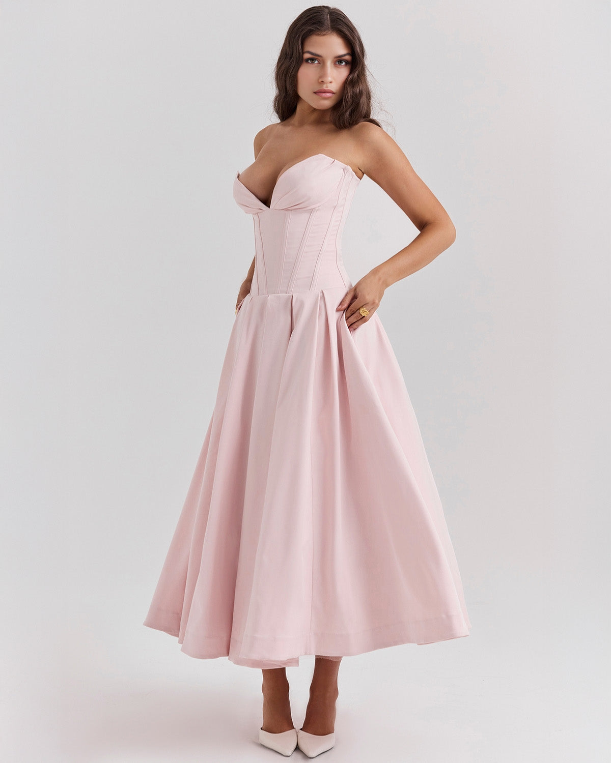 Strapless Corset Sweetheart Neckline Box Pleat A-Line Midi Dress