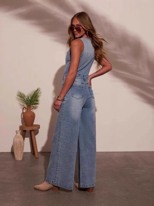 V-neck Sleeveless Denim Jumpsuit Trousers