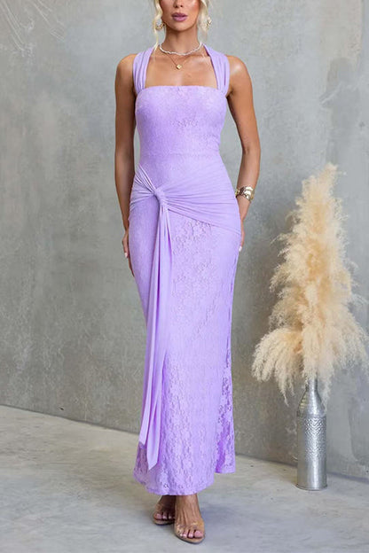 Square Neck Sleeveless Ruched Knot Lace Maxi Dress