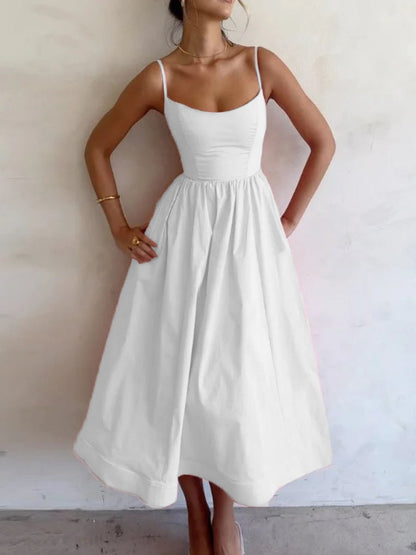 Sexy Fitted Waist Pleated Solid Color Full Skirt Halter Long Dress