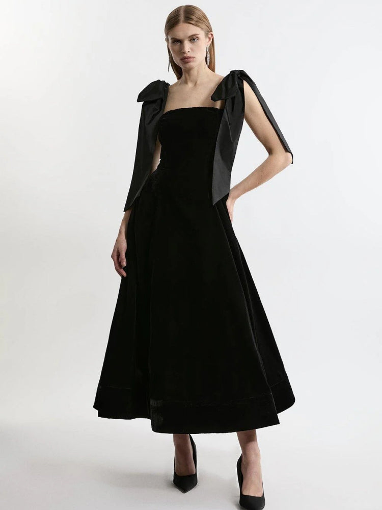 Square Neck Tie Shoulder Bow Detail Velvet Ballgown Maxi Dress