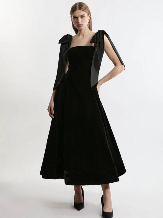 Square Neck Tie Shoulder Bow Detail Velvet Ballgown Maxi Dress