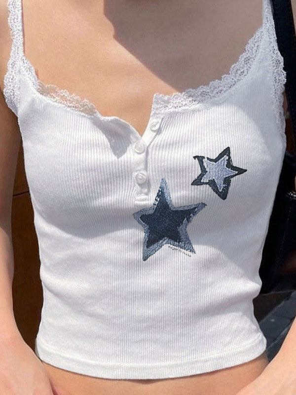 Lace Patchwork Star Print White Cami Top