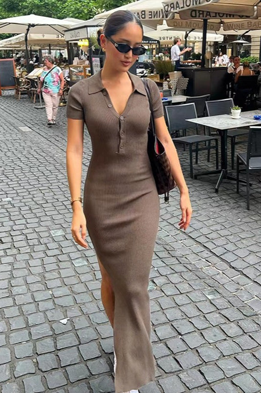 Elegant Sexy Lapel Short Sleeve Split Hem Sweater Dress