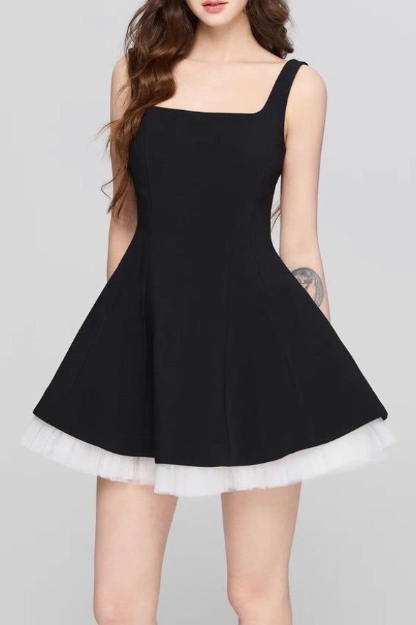 Square Neck Princess Seam Tulle Underlay Fit and Flare Mini Dress