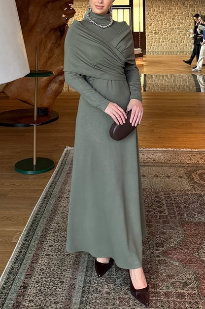 Solid Color High-neck Long-sleeved Crossover Waist Slim-fit Maxi Dress