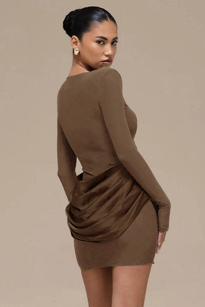 Boat Neck Padded Shoulder Long Sleeve Draped Satin Hip Overlay Bodycon Mini Dress