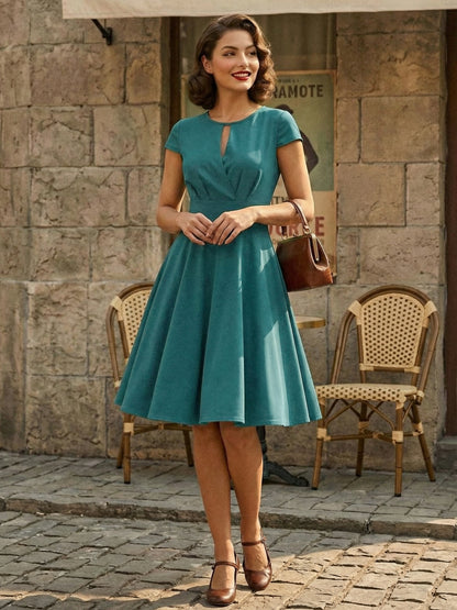 Vintage Glamour Dress 1950s Style Jewel Neck Cut Out Short Sleeves Medium Swing Dress