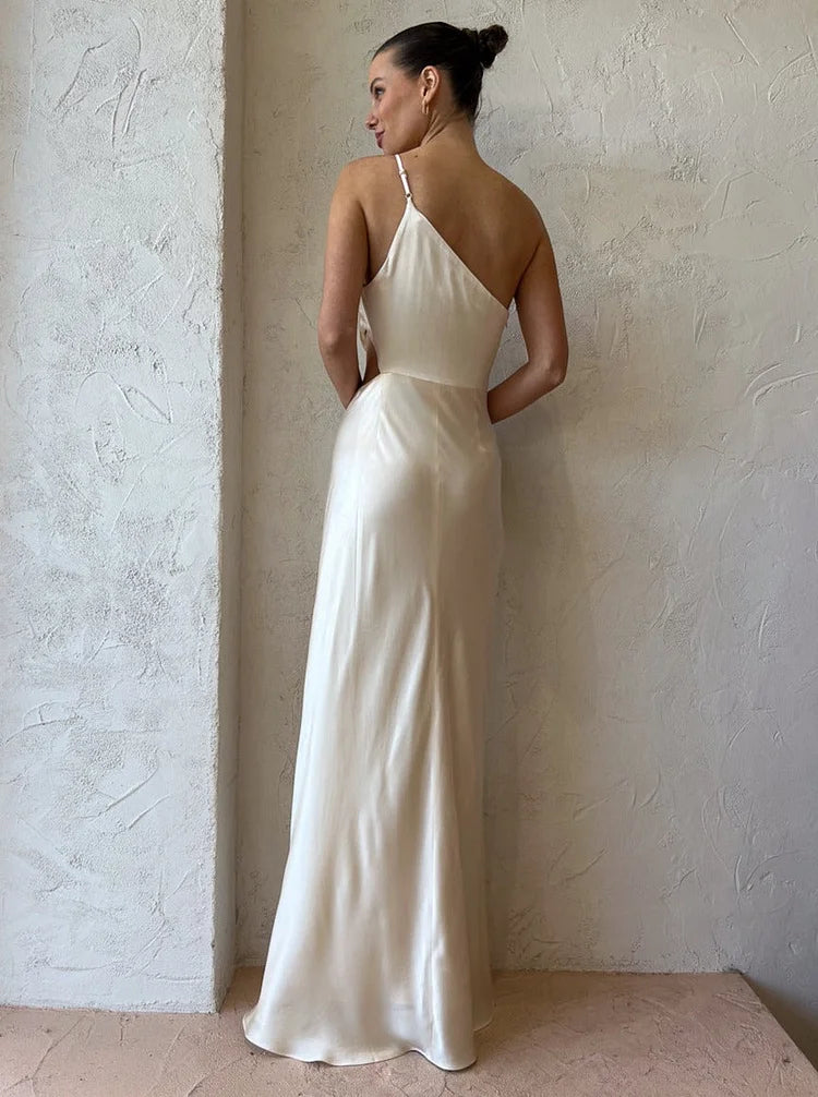 One-Shoulder Ruched Satin Waist Cutout High-Slit Maxi Gown