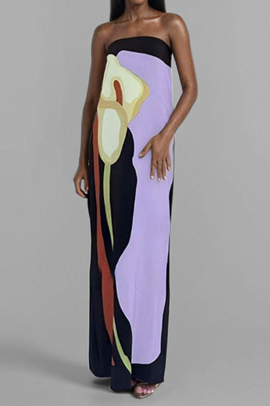 Strapless Bandeau Abstract Floral Print Column Maxi Dress