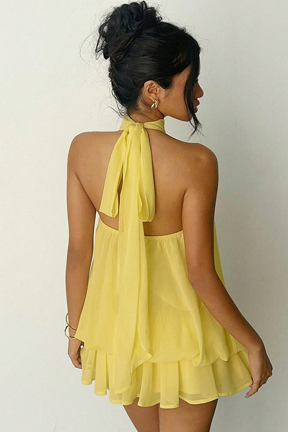 Halter Mock Neck Gathered Tiered Chiffon Flared Mini Dress