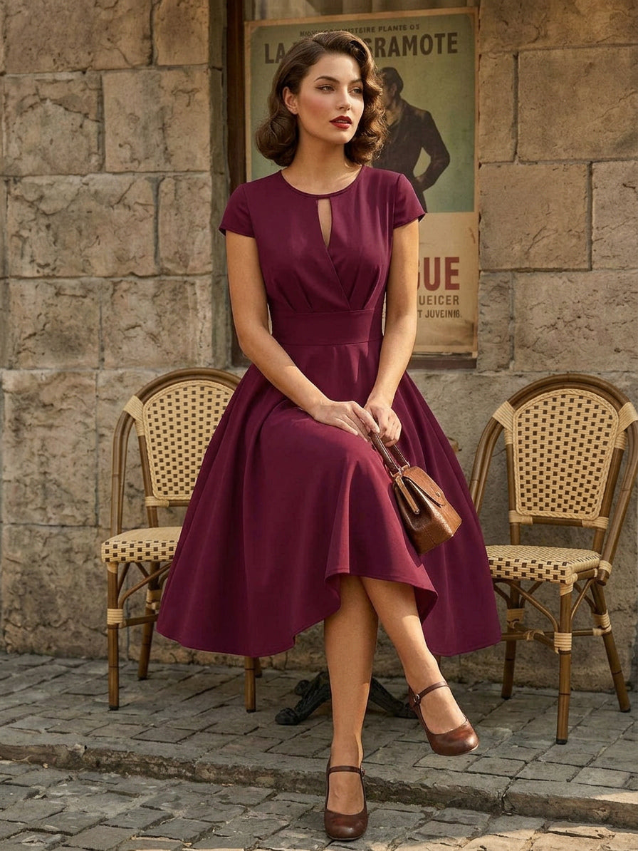 Vintage Glamour Dress 1950s Style Jewel Neck Cut Out Short Sleeves Medium Swing Dress