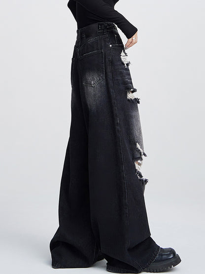 Loose high-waisted versatile straight leg Ripped Jeans