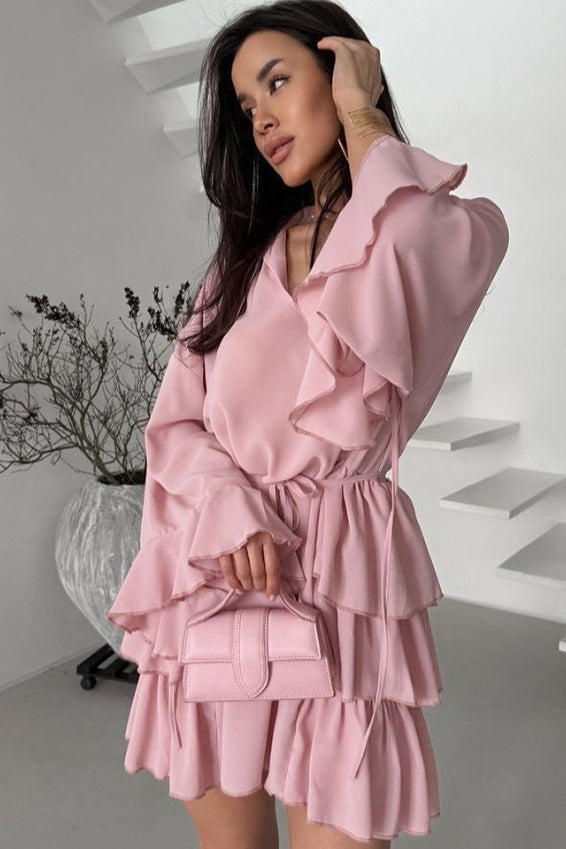 Point Collar V Neck Wide Bell Sleeve Drawstring Waist Tiered Ruffle Mini Dress