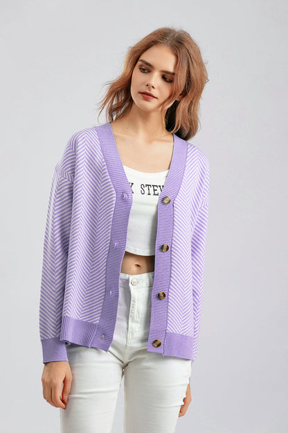 Striped V-Neck Buttoned Knit Sweater