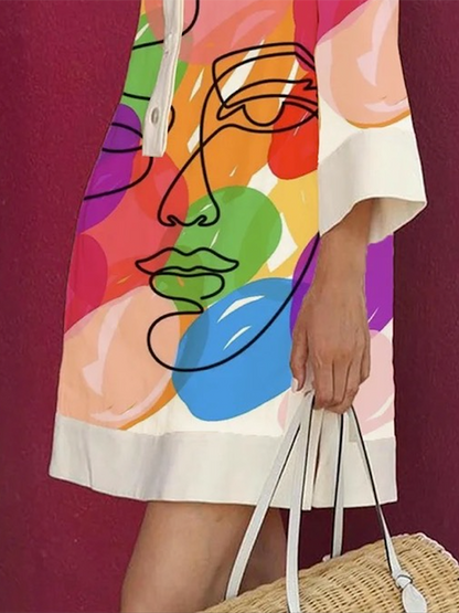 Abstract Art Print Collar Button Front Three-Quarter Sleeve Shift Mini Dress