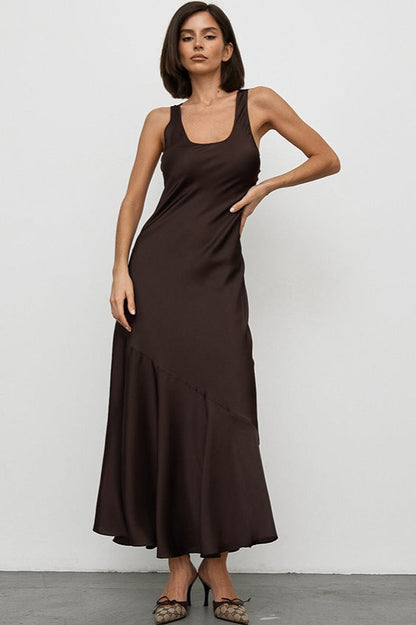 Scoop Neck Asymmetric Diagonal Seam Satin Slip Midi Dress
