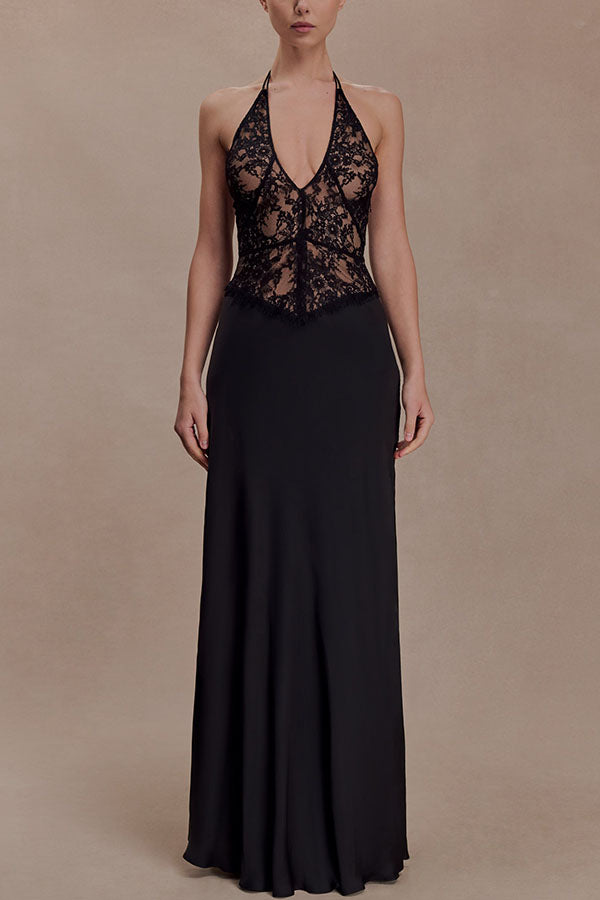 Timeless Silhouette Lace and Satin Halter Backless Drape Maxi Dresset