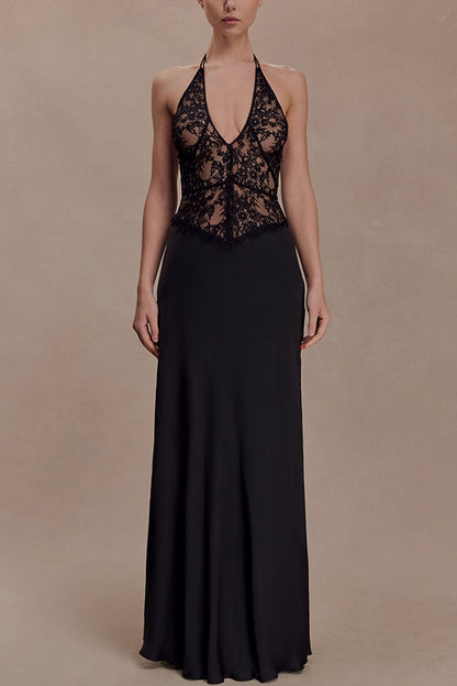 Timeless Silhouette Lace and Satin Halter Backless Drape Maxi Dresset