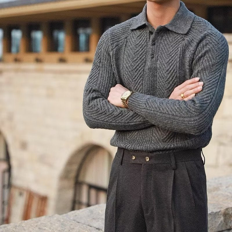 Knitted Polo Sweater | Textured Knit | Turn-Down Collar