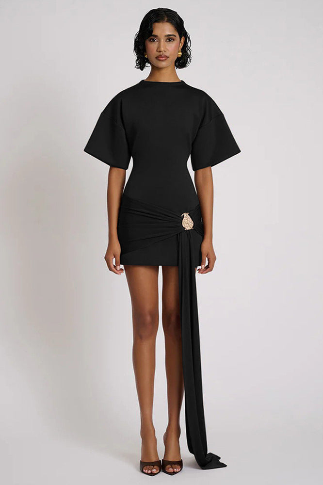 Boat Neck Draped Waist Metal Brooch Detail Side Sash Mini Dress