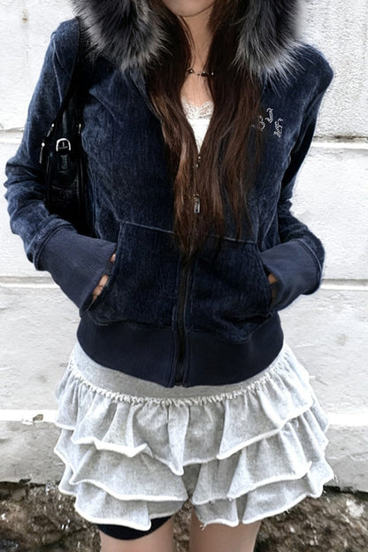 Faux Fur Velvet Zip Hoodie