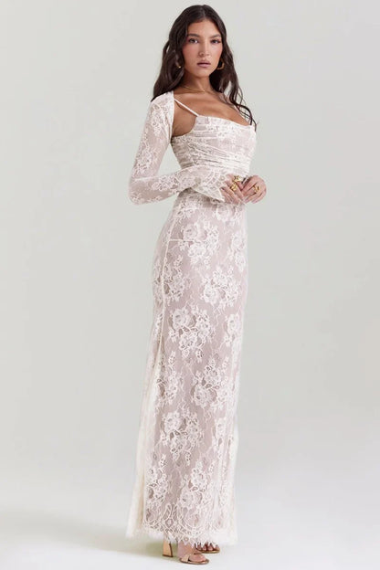 Women's Lace Bodycon Maxi Dress Set – Long Sleeve Cropped Jacket