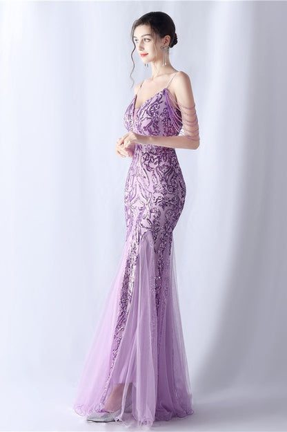 Beaded Mesh Cocktail Maxi Dress