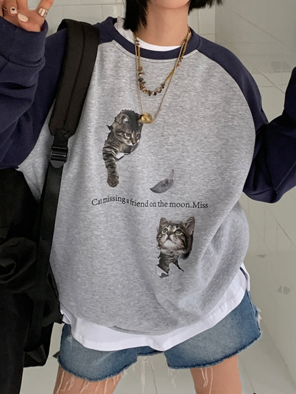 Cat Print Raglan Fleece Oversized Hoodie