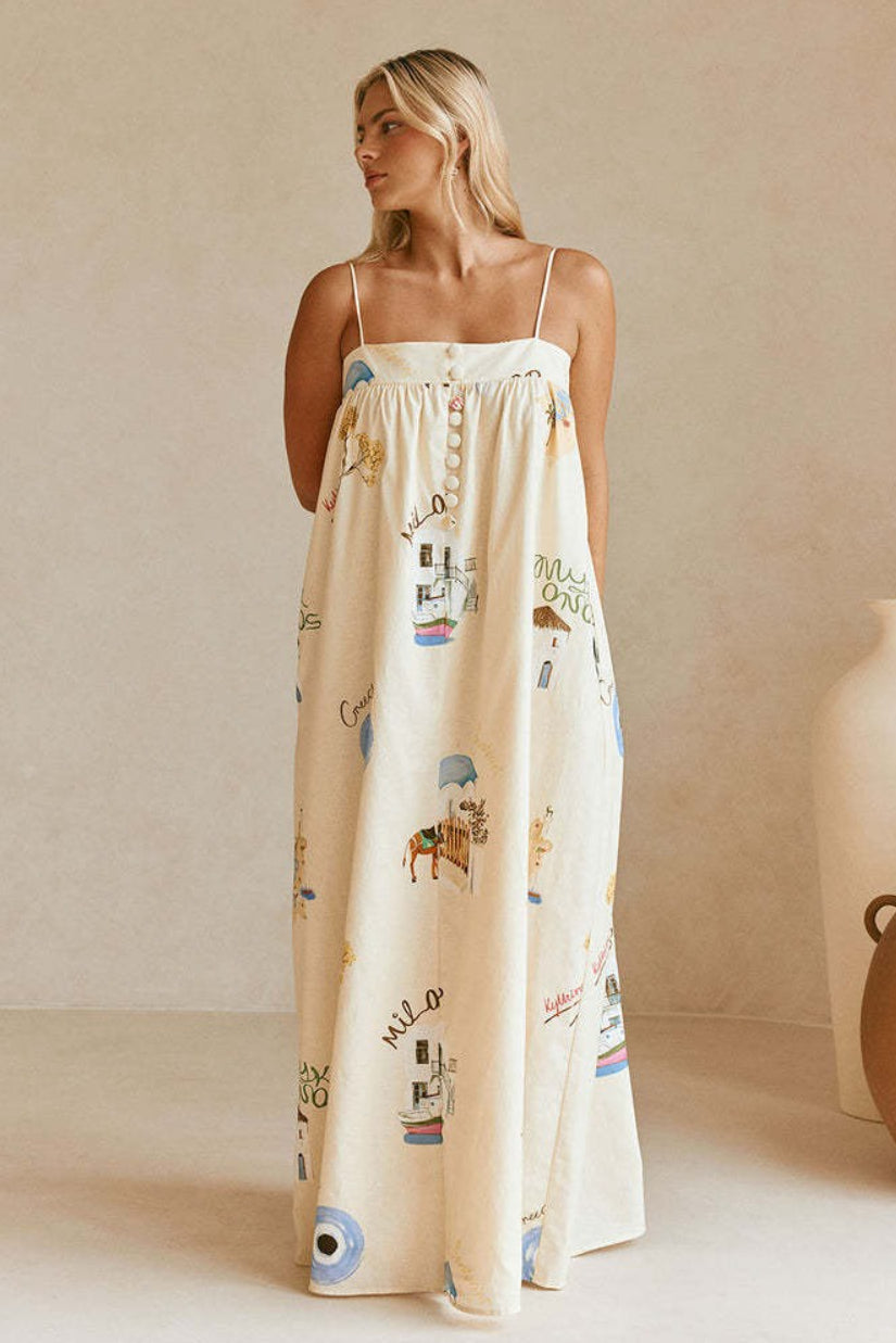 | Linen Maxi Dress with Spaghetti Straps