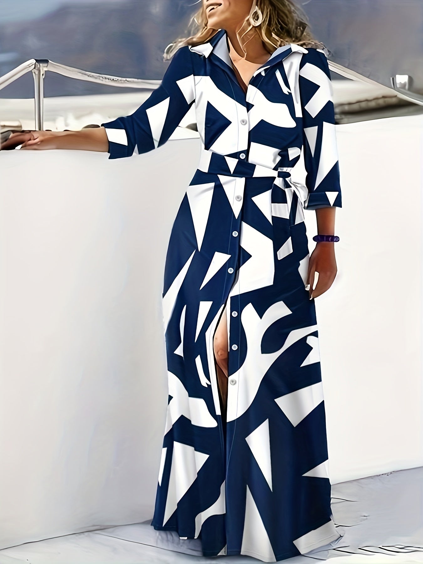 Marble Print Long Sleeve Belted Button Front Shirt Maxi Dress