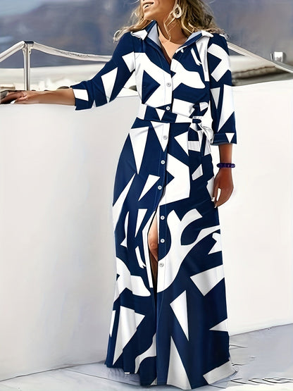 Marble Print Long Sleeve Belted Button Front Shirt Maxi Dress