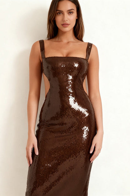 Square Neck Thick Strap Sequin Side Cut Out Bodycon Midi Dress