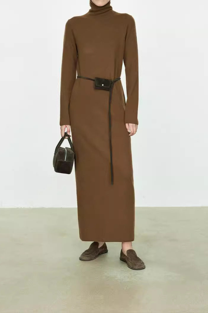 Turtleneck Long Sleeve Column Belted Knit Maxi Dress