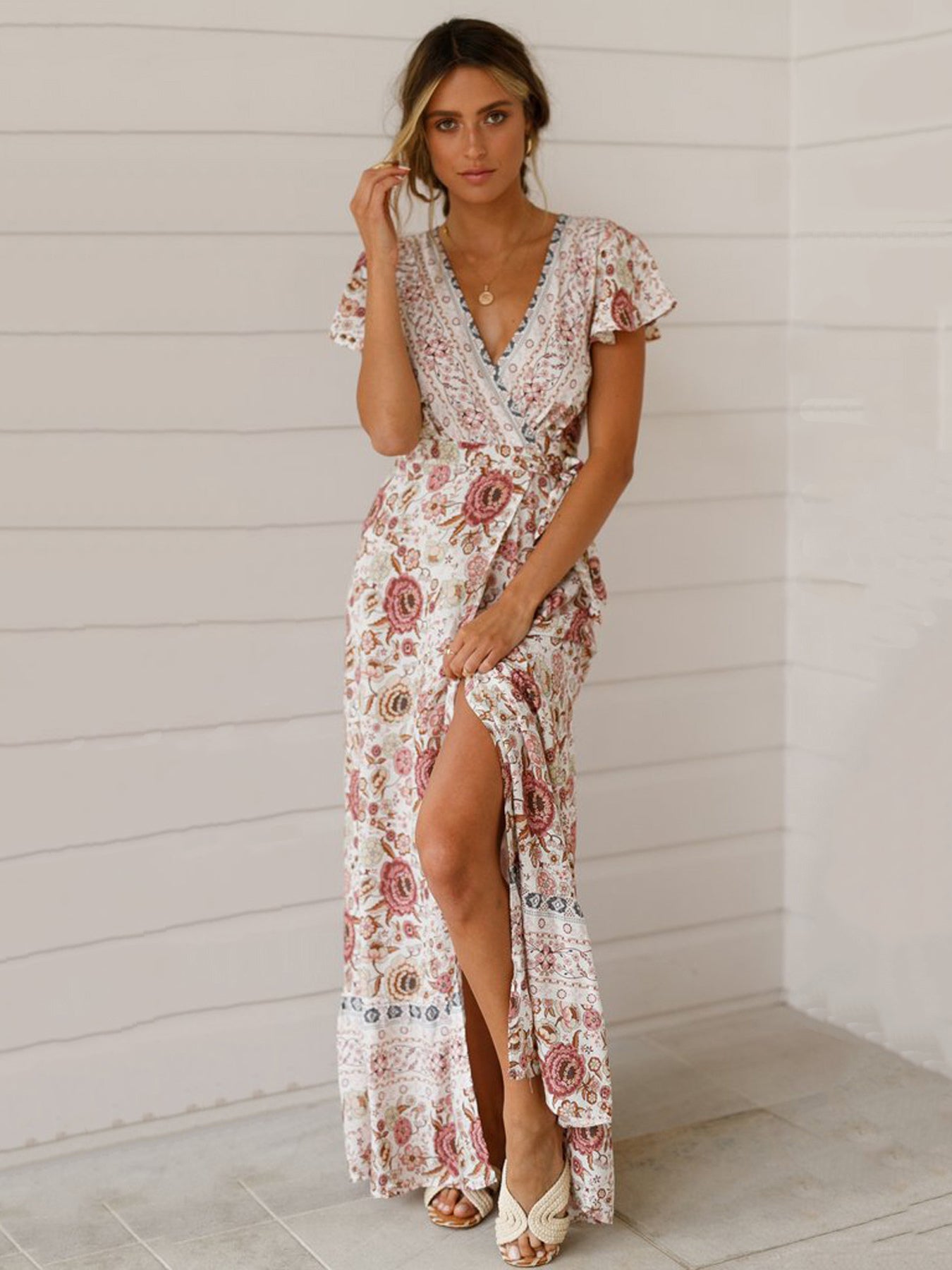 Boho Floral Wrap Maxi Dress For Women - Cream Ethnic Print V Neck Short Sleeve Dress - Summer Beach Vacation 2026