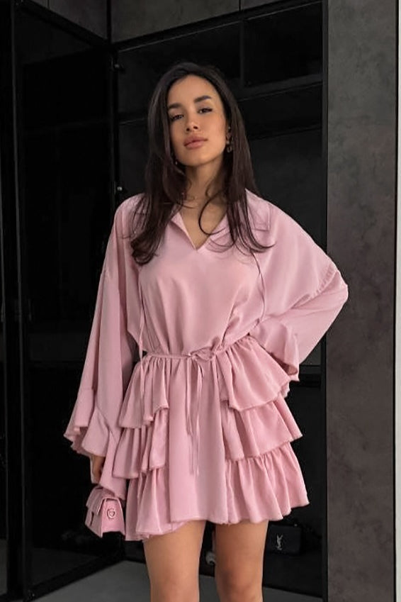 Point Collar V Neck Wide Bell Sleeve Drawstring Waist Tiered Ruffle Mini Dress