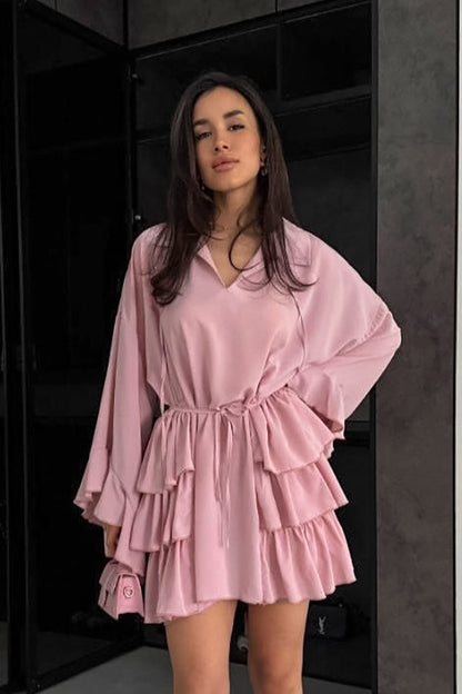 Point Collar V Neck Wide Bell Sleeve Drawstring Waist Tiered Ruffle Mini Dress