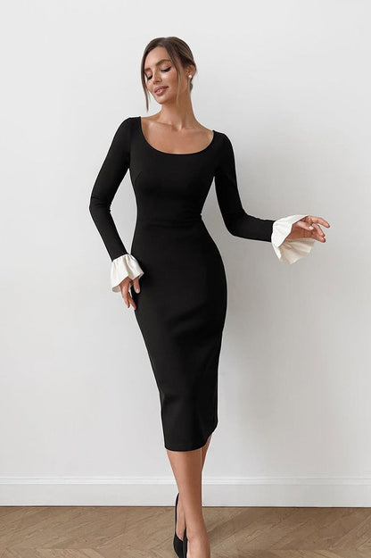 Scoop Neck Long Sleeve Flared Contrast Cuff Bodycon Midi Dress