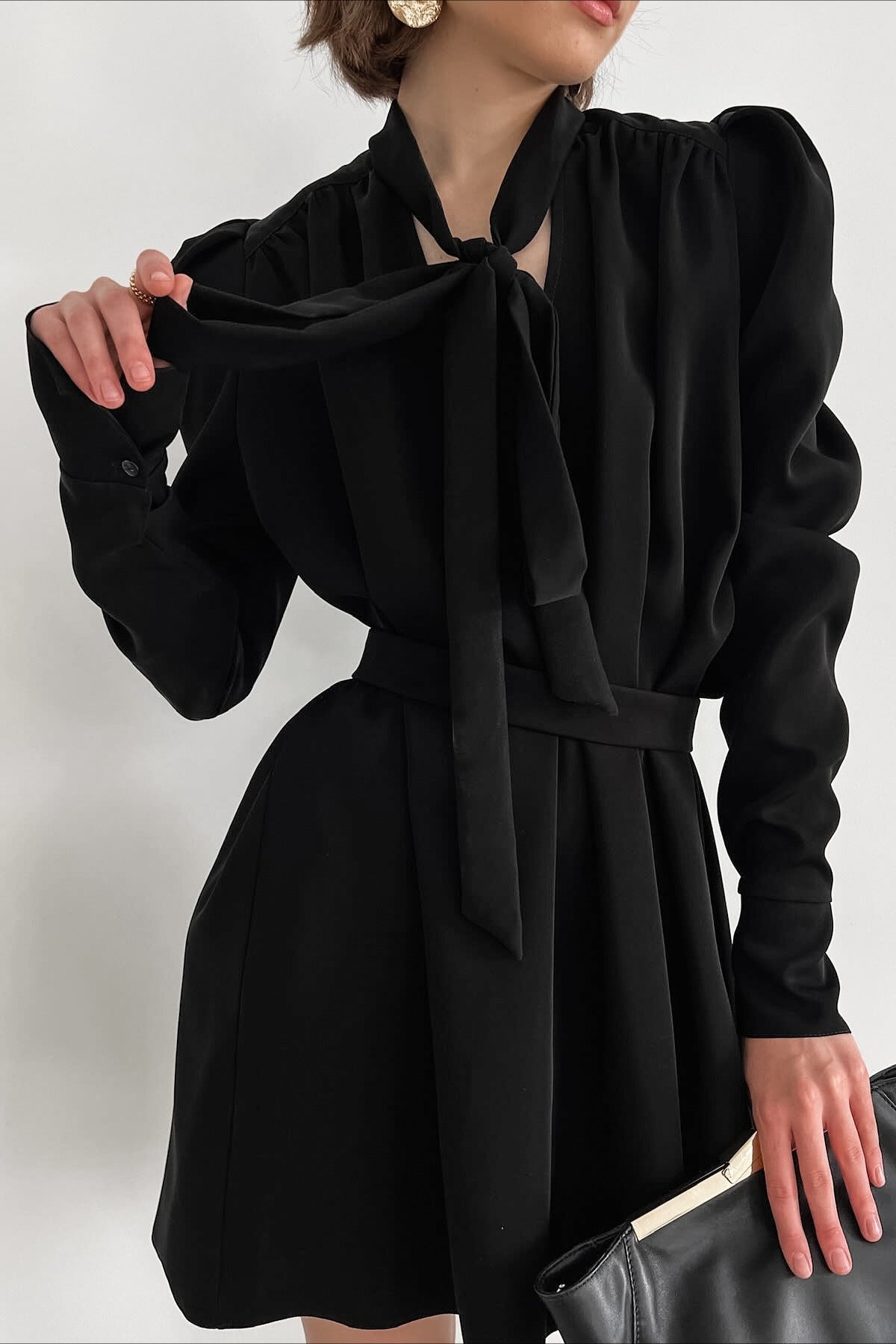 Choker Neck Deep V Neck Puff Shoulder Tie Waist Wrap Mini Dress