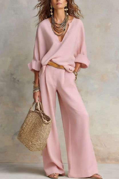 Linen Blend Solid Color Loose V-neck Top and Elastic Waist Pocket Casual Wide-leg Pants Set