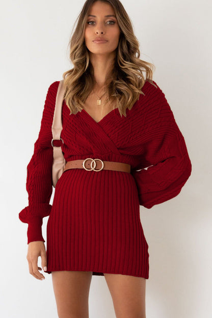 Cable Knit Wrap Front V-Neck Balloon Sleeve Ribbed Mini Sweater Dress