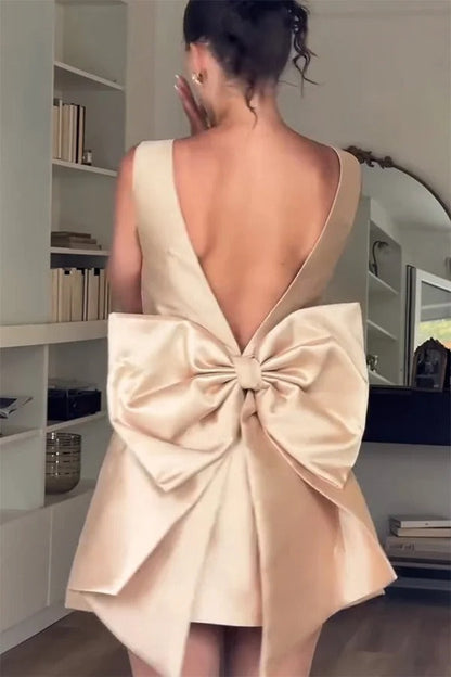 Square Neck Satin Oversized Back Bow Plunge Back Mini Dress
