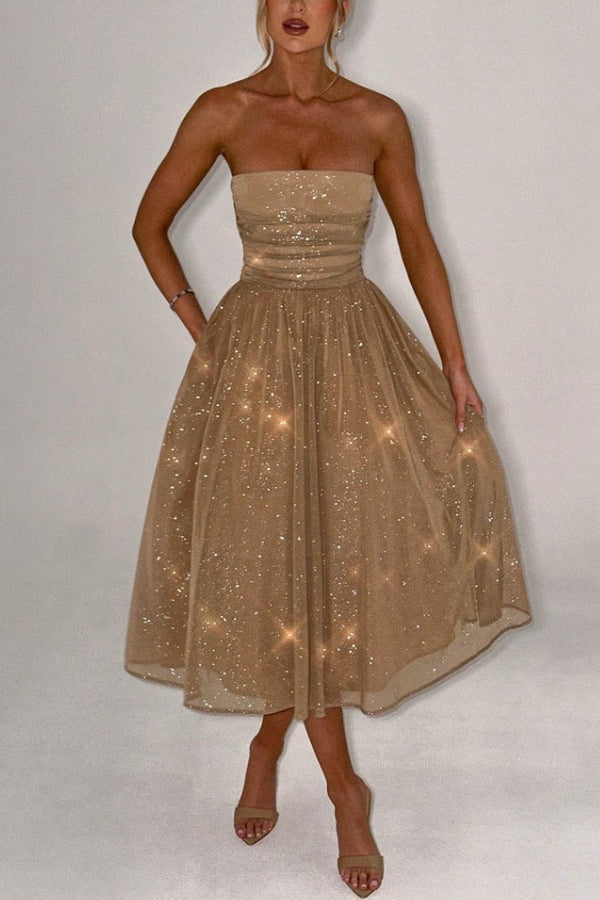 Glitter Mesh Strapless Ruched Fit-and-Flare Pocket Midi Dress