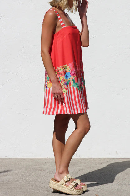 Floral Striped Print Square Neck Backless Loose Mini Dress