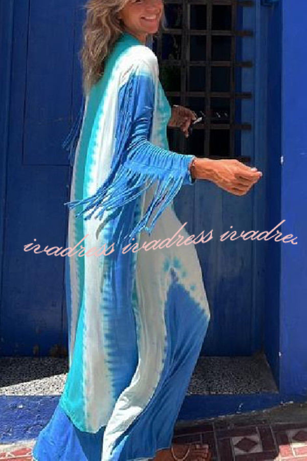 Song of The Vagabond Tie-dye Print Open Front Tassel Duster Cover-up